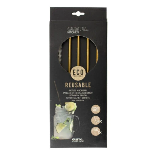 Gusta Rvs Rietjes + Borstel Goud 4 Stuks - Afbeelding 2